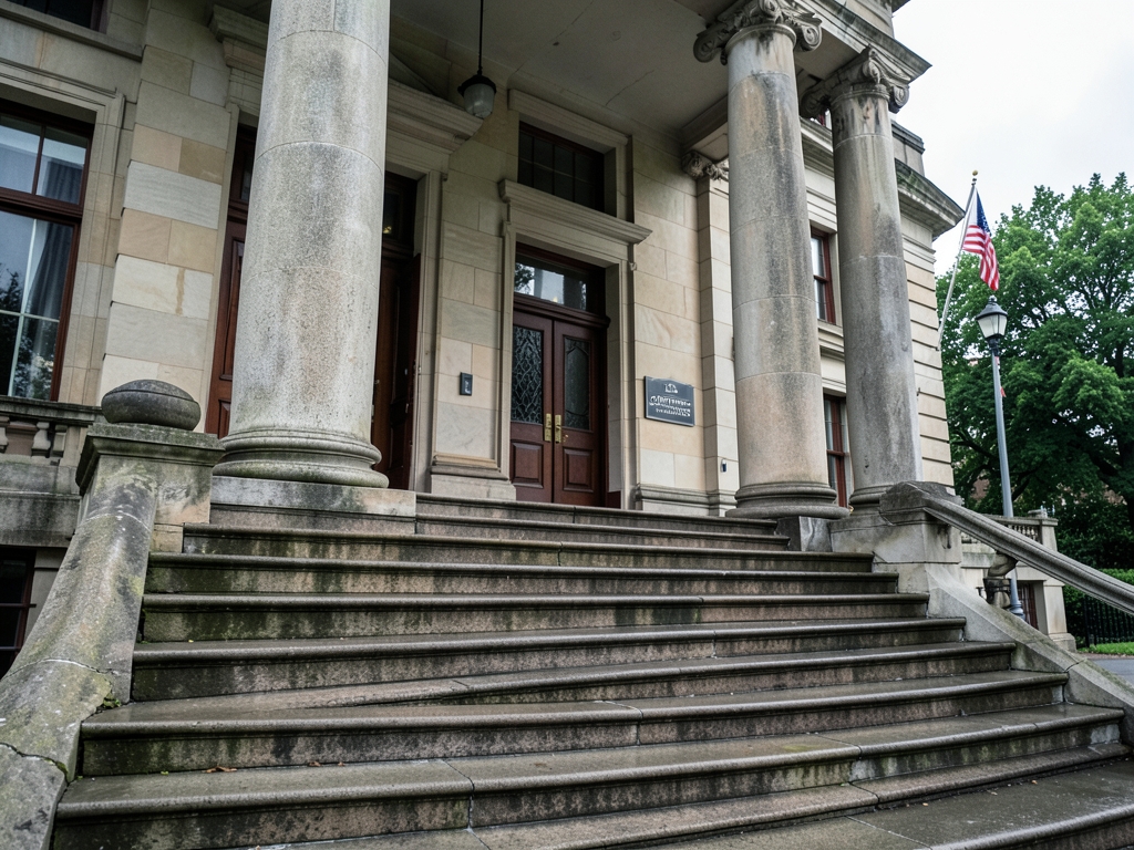 Overcast courthouse steps with limestone columns damp stone