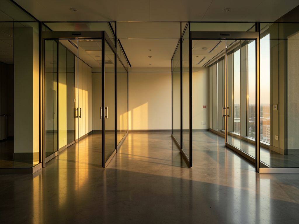 Modern glass office lobby golden hour sleek doorways