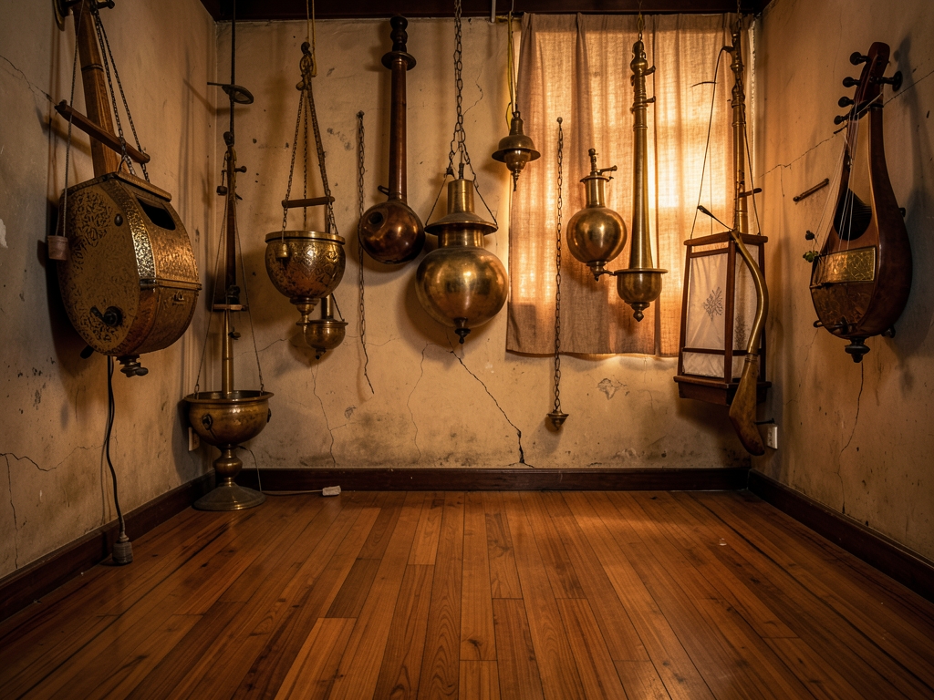 dimly traditional Indian music studio with wooden floors