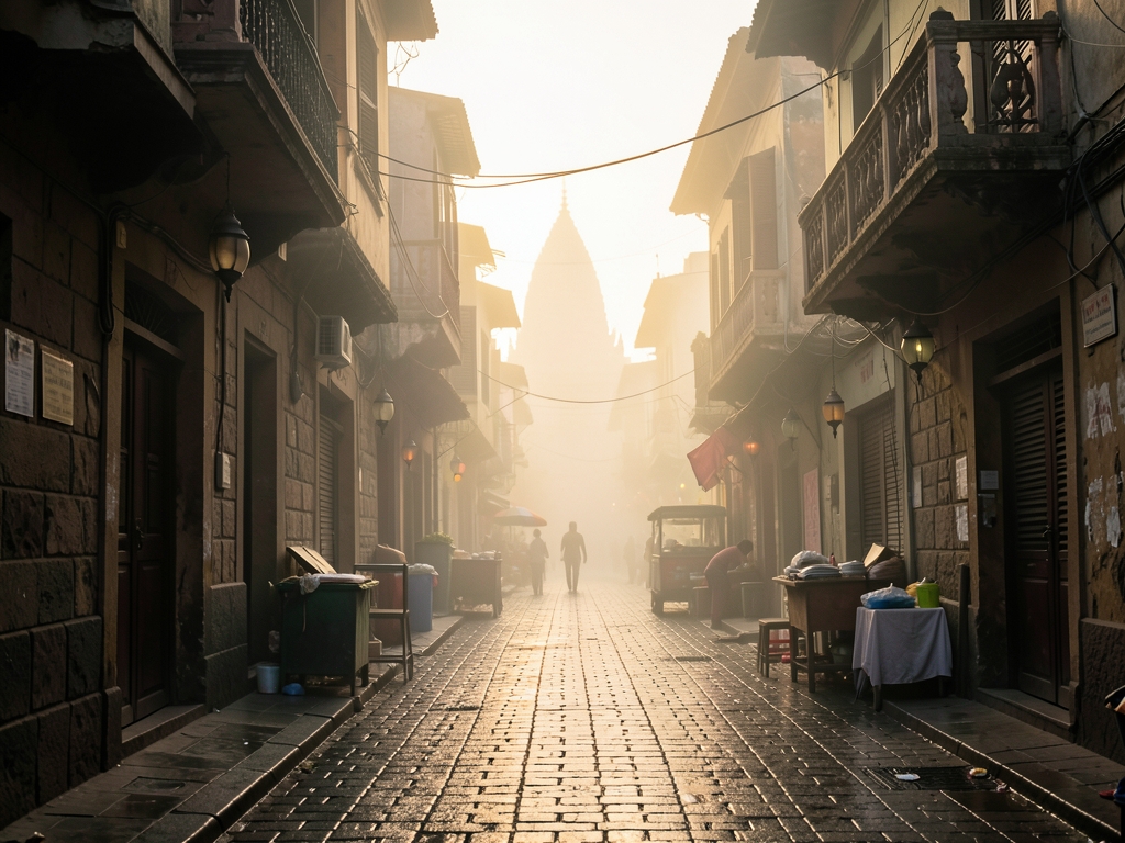 misty dawn over narrow backstreets Delhi cobblestones reflecting