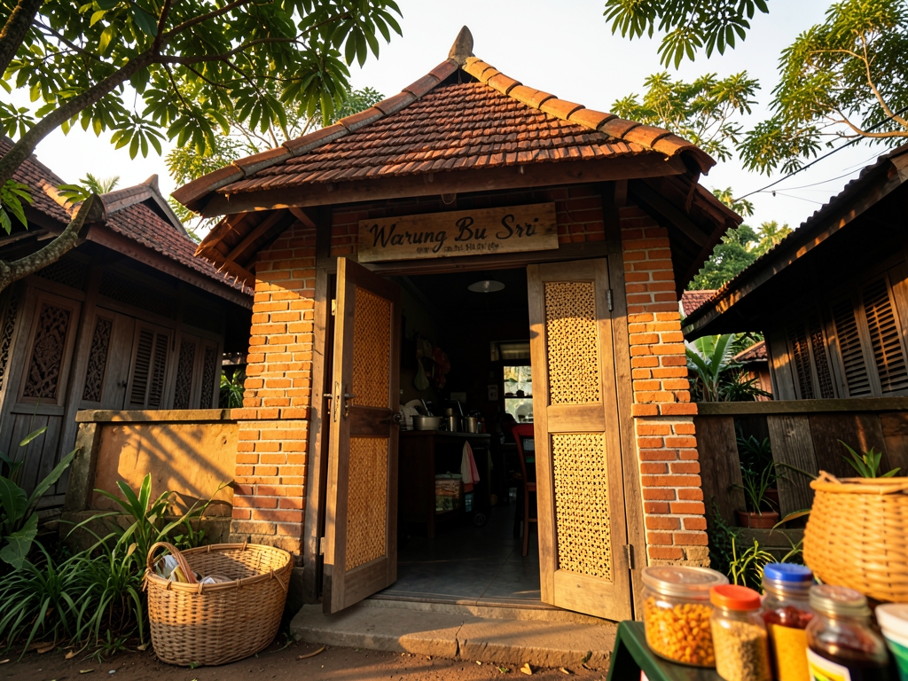 golden hour village warung entrance Indonesia warm sunlight brick