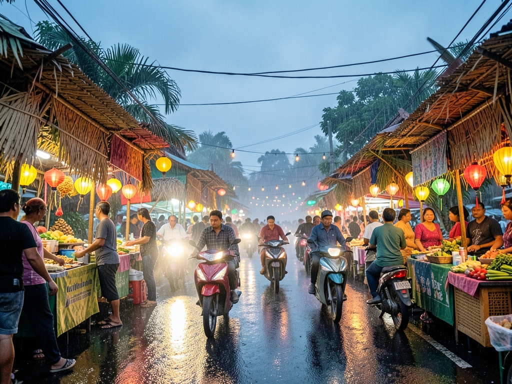 Bustling Javanese market street dusk with motorbikes motion