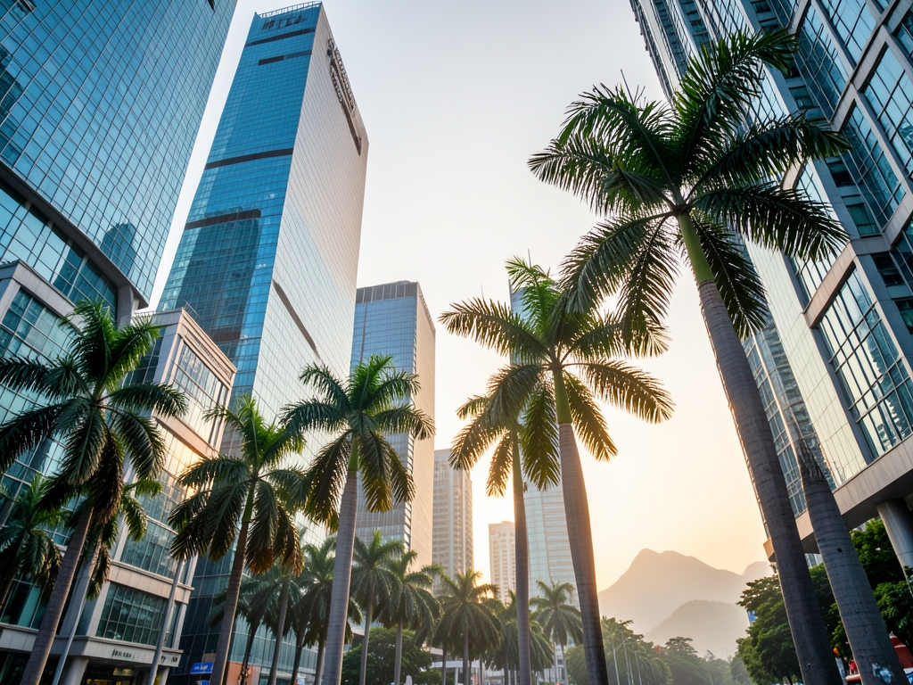 Modern Jakarta business district sunrise with glass high rises