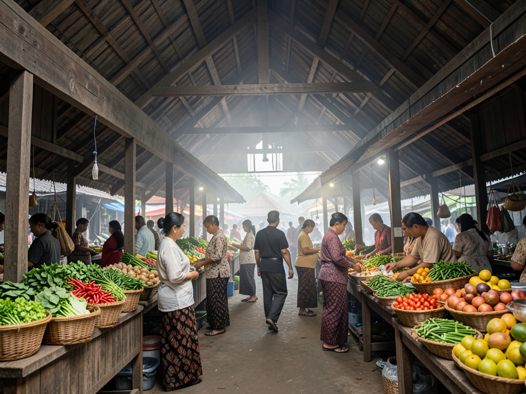 Traditional Javanese open air market hall with wooden stalls