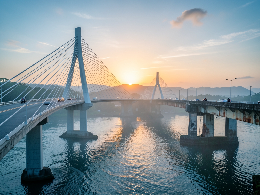 parallel cable stayed bridges over misty Indonesian strait sunrise