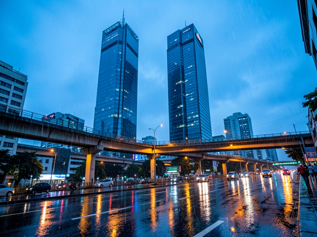 rain glossed Jakarta skyline blue hour glass towers elevated