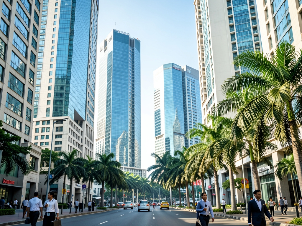 Jakarta financial district with glass concrete high rises along
