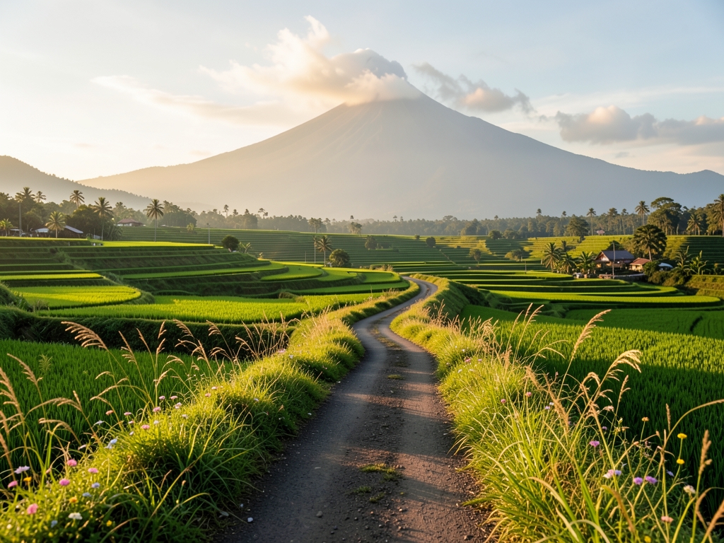 Rural Javanese road winding through green rice fields