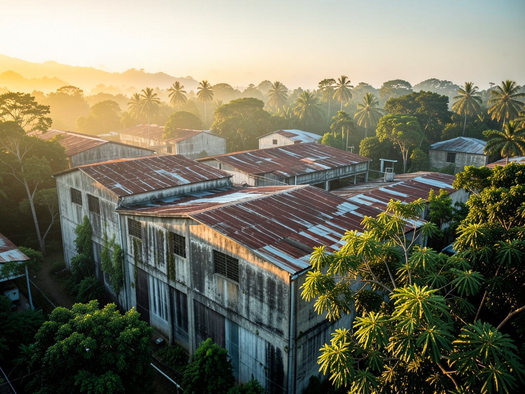 sunlit concrete warehouse district coastal Java golden hour