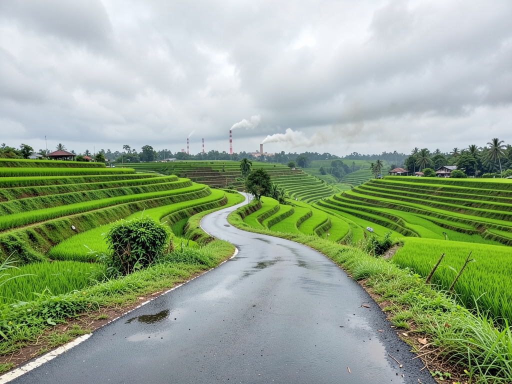 winding road through lush Indonesian rice paddy valley