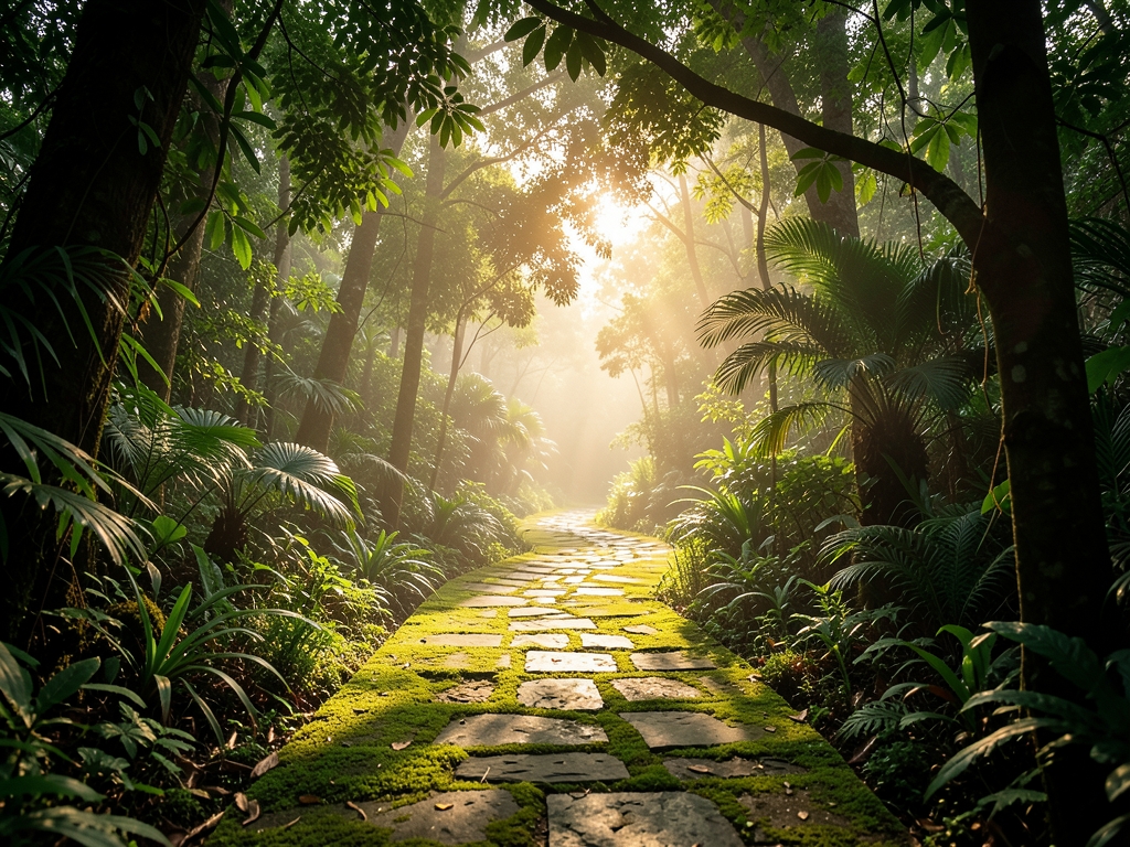 Golden sunlight filters through dense canopy tropical rainforest