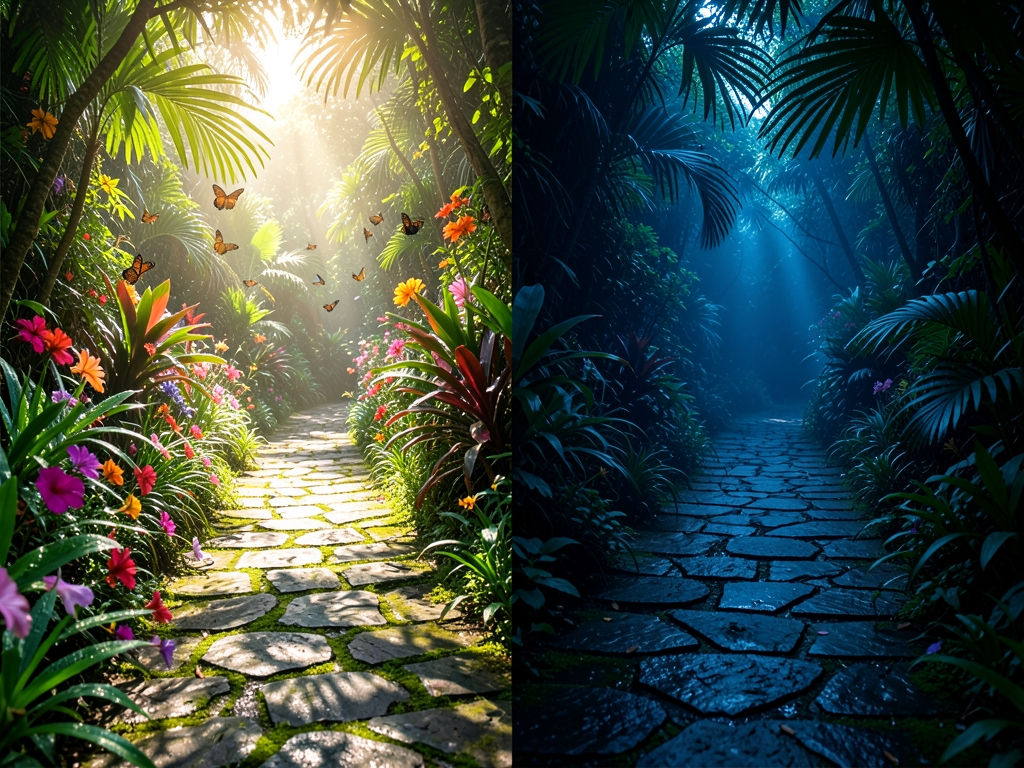 Sunlight filters through dense tropical foliage onto weathered