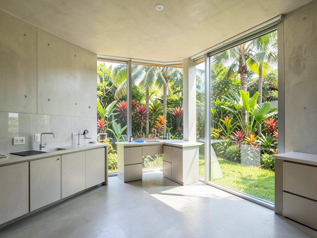 sun drenched minimalist research Jakarta featuring sleek concrete walls