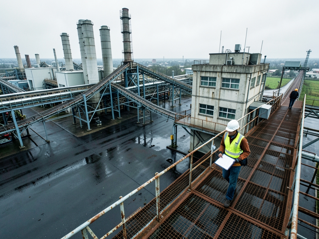 Aerial view sprawling industrial plant under overcast sky