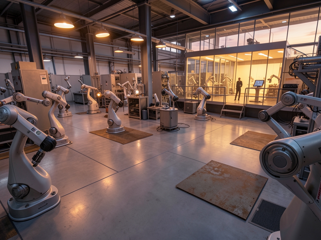 Wide view modern automated factory floor dusk robotic