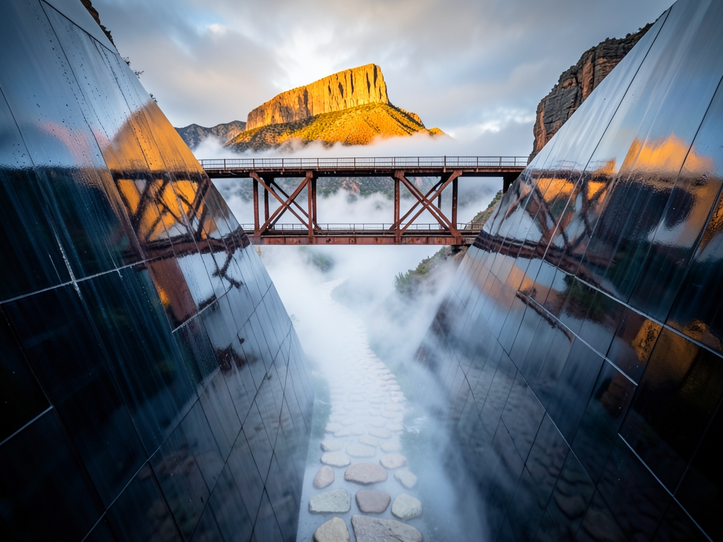Across rain darkened glass canyon copper bridge leads sunlit