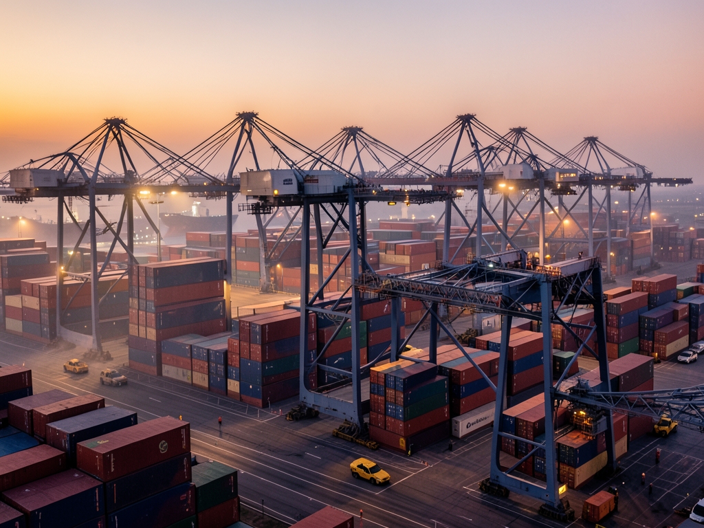 Vast container port dusk with cranes stacked containers