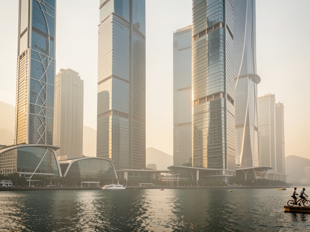 Sleek modern financial district towers coastal Asia dawn