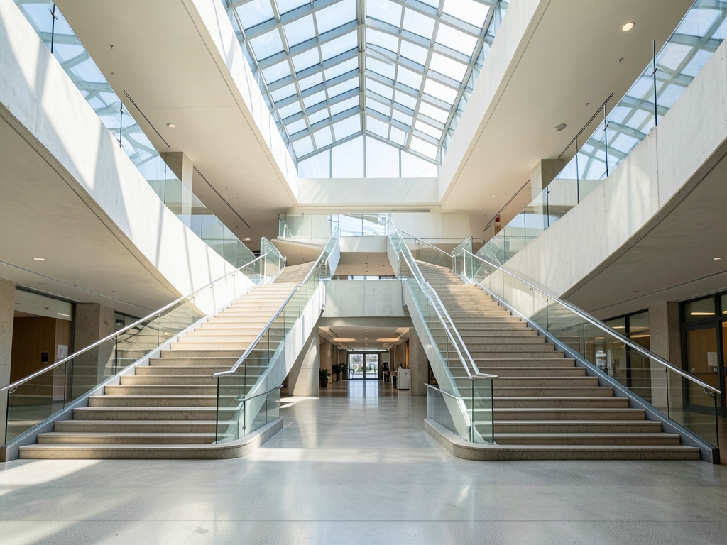 Sunlight streams through vast open atrium with sweeping