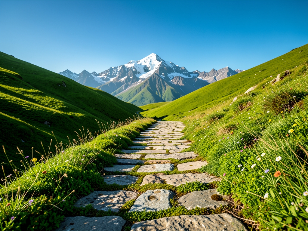 Sunlit stone pathway through rolling green hills toward