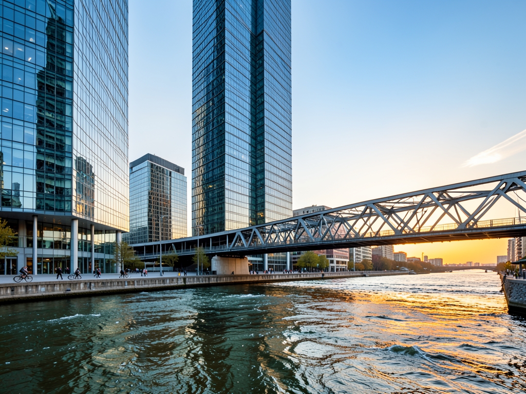Modern glass financial towers dawn beside swift river