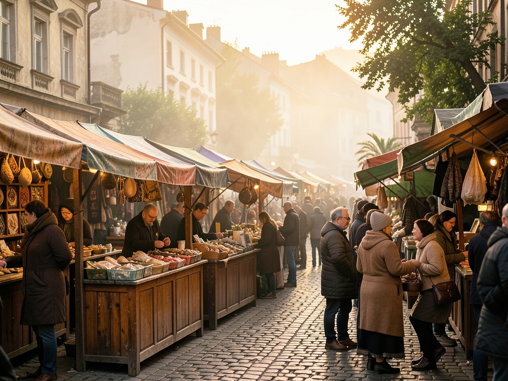 Small wooden market stalls with canvas awnings soft