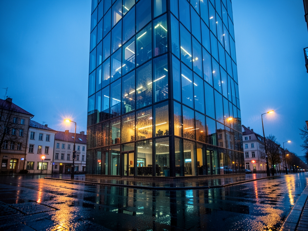 rain slicked modern glass tower reflecting amber streetlights quiet