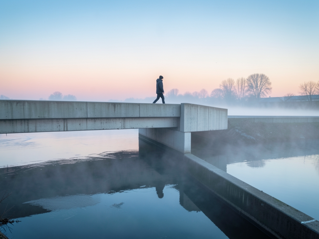 lone figure crossing minimalist concrete bridge over misty