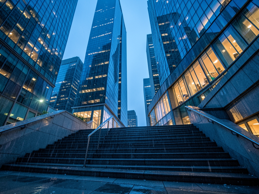 Modern financial district plaza blue hour drizzle glass