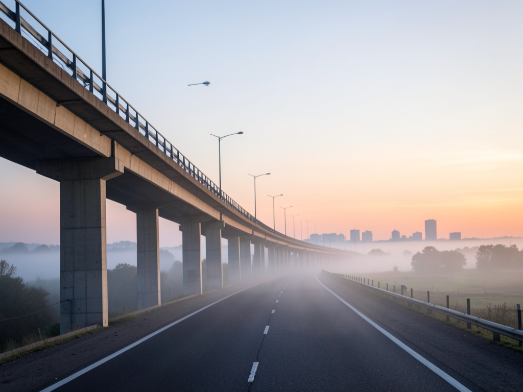 Empty highway overpass leading toward distant skyline soft