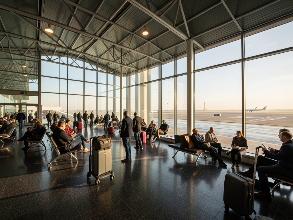 Sunlit modern European airport departure hall with tall