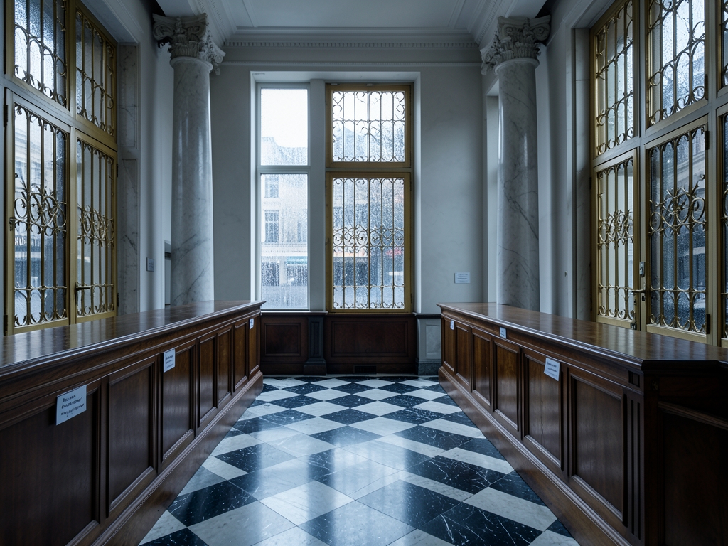 Quiet European bank interior with marble columns brass