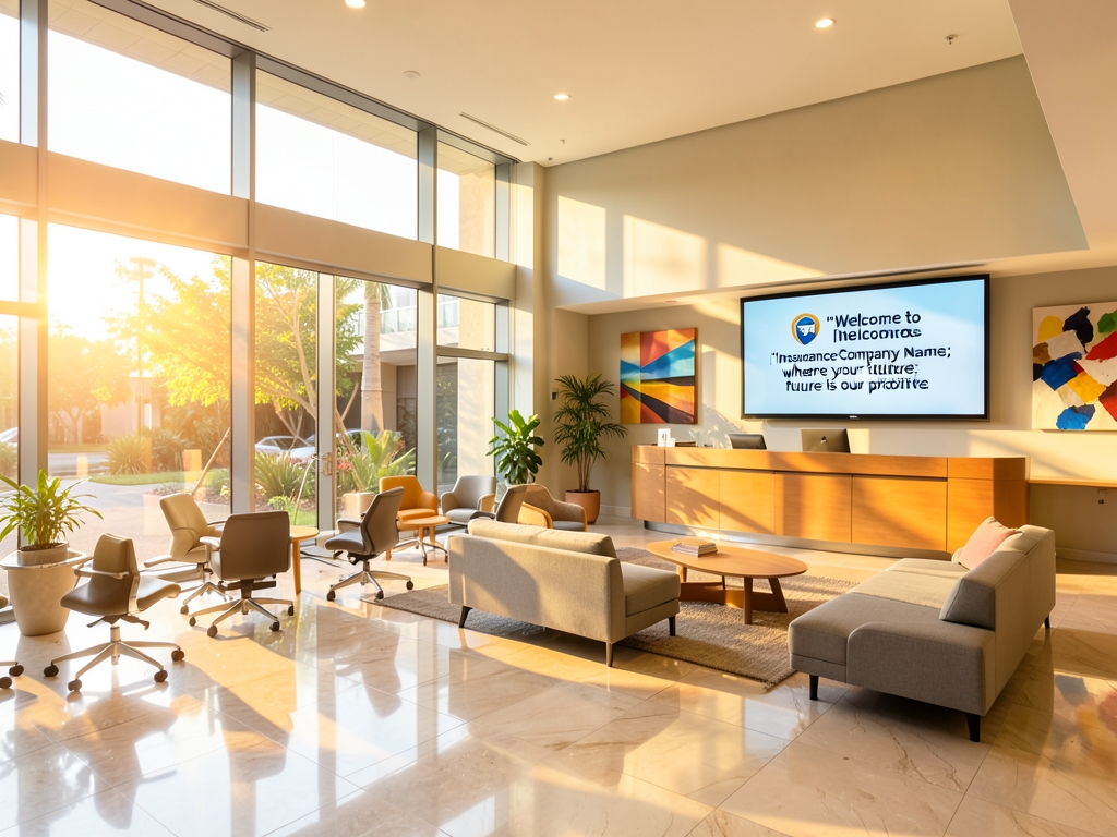 Bright modern insurance office lobby with glass walls