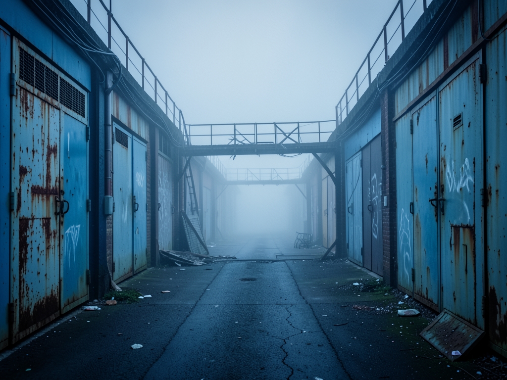 foggy industrial corridor mismatched steel doors broken bridges