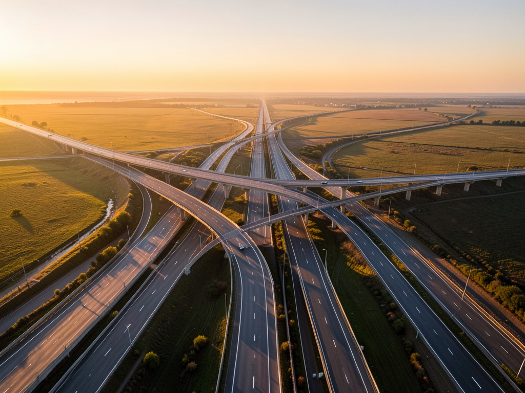 Aerial view sweeping highway interchange golden hour lanes