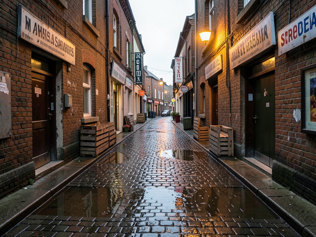 narrow alley between modest commercial buildings after rain