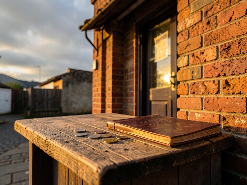 small brick storefront golden hour warm light spilling