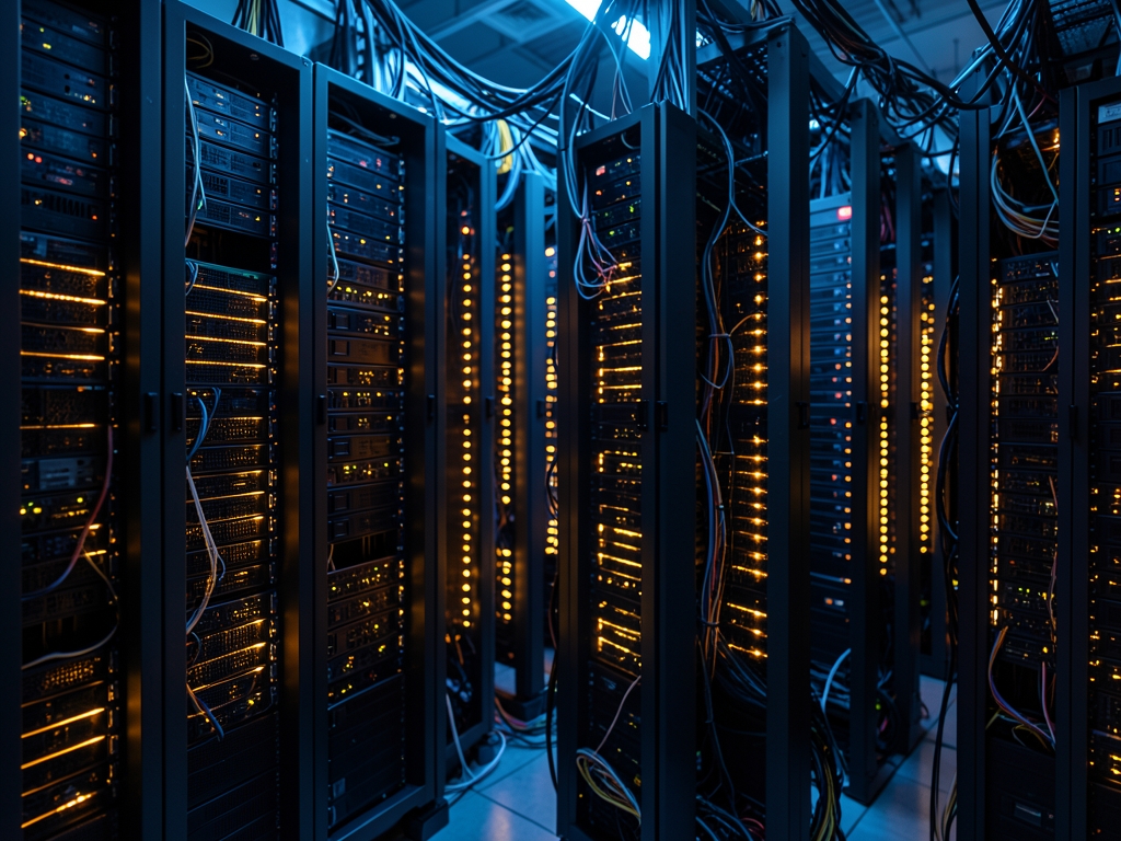 vast dimly server farm where rows humming hardware