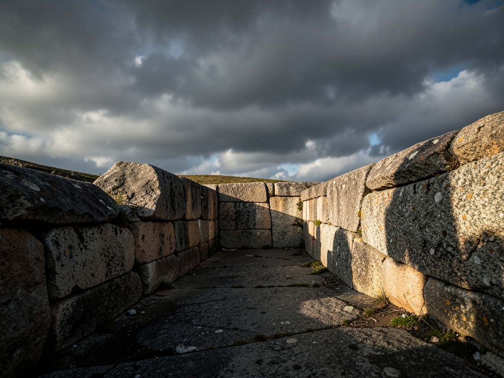 Sunlight filters through heavy clouds highlight weathered granite
