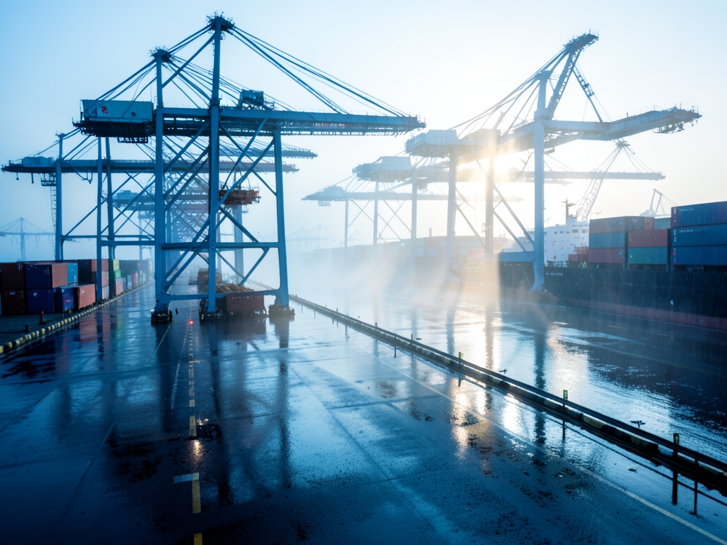 rain slicked APAC port dawn with cranes container ships