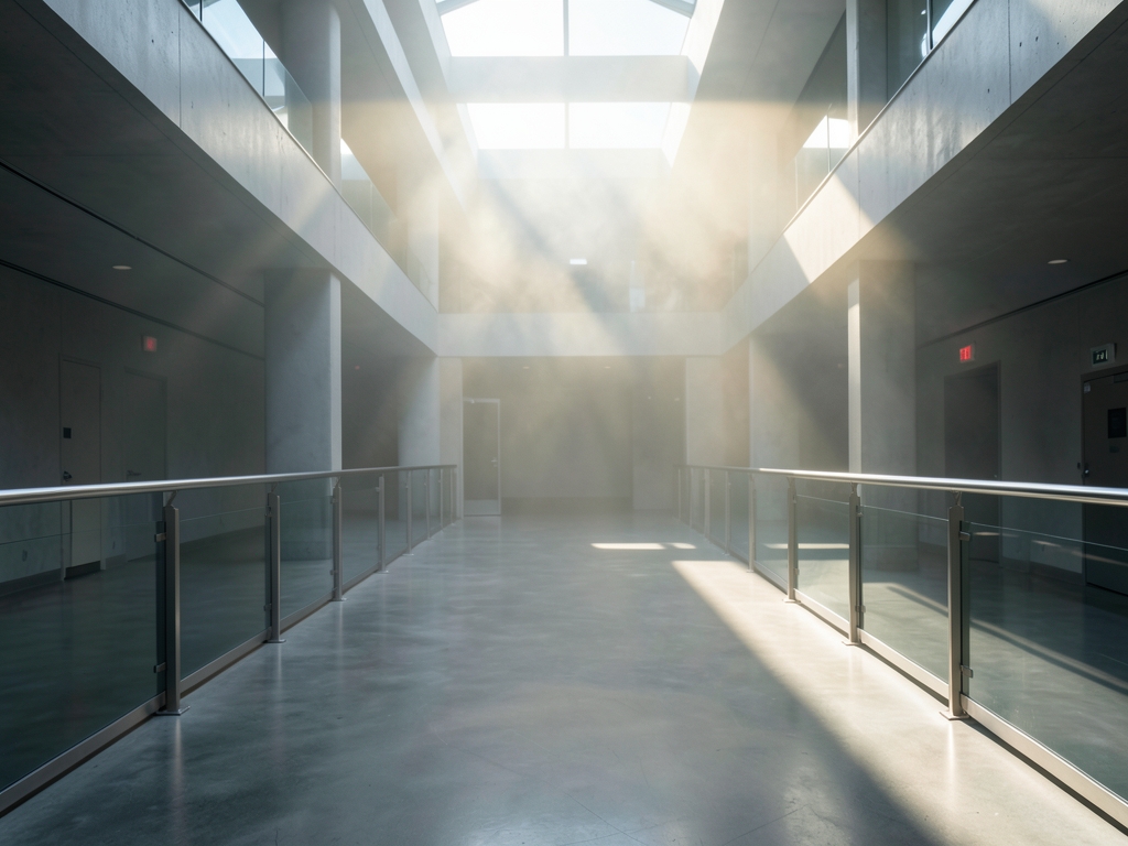 minimalist corporate atrium with polished concrete floors steel