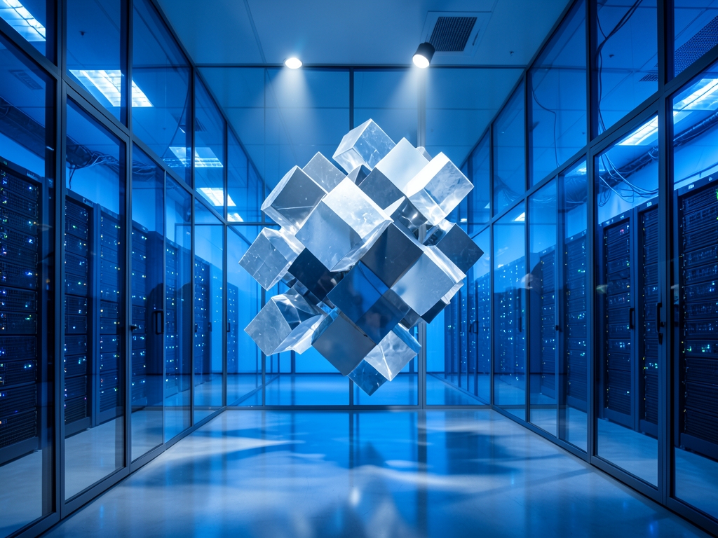 sleek glass walled data center bathed cool blue twilight