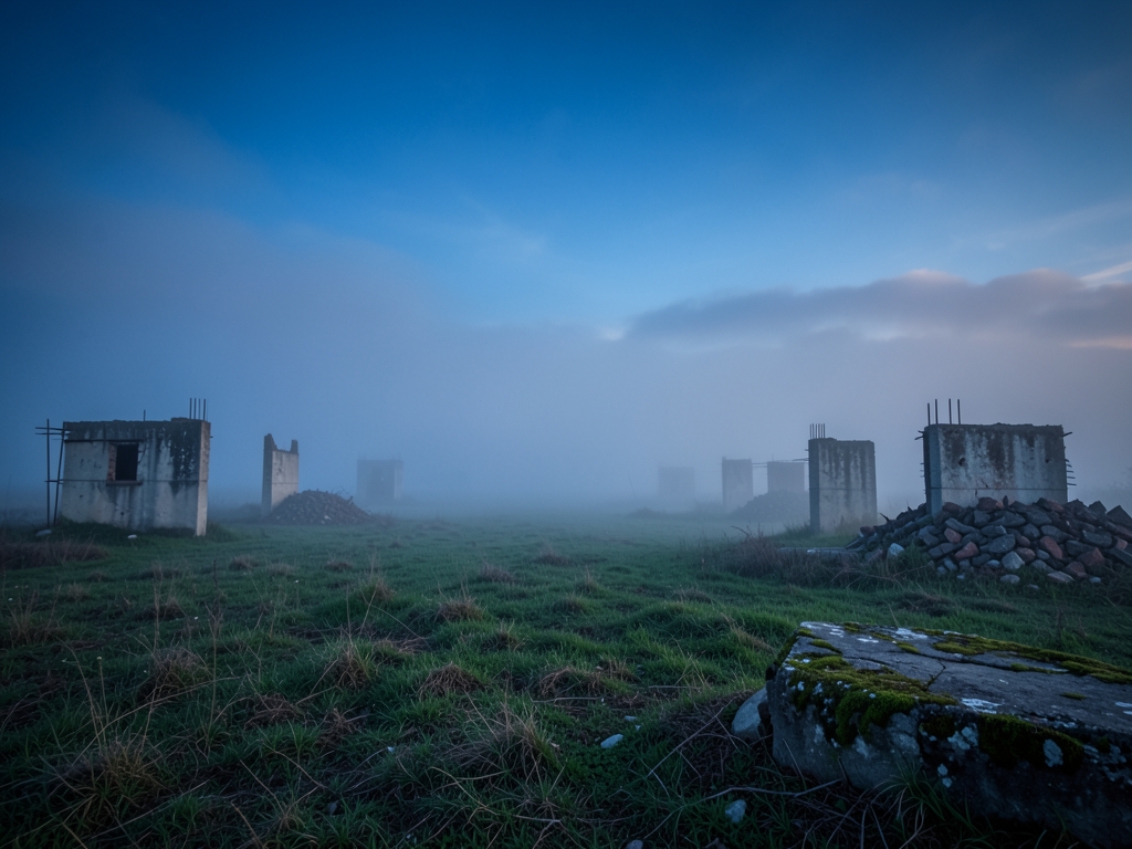 misty open field dusk with scattered half demolished concrete
