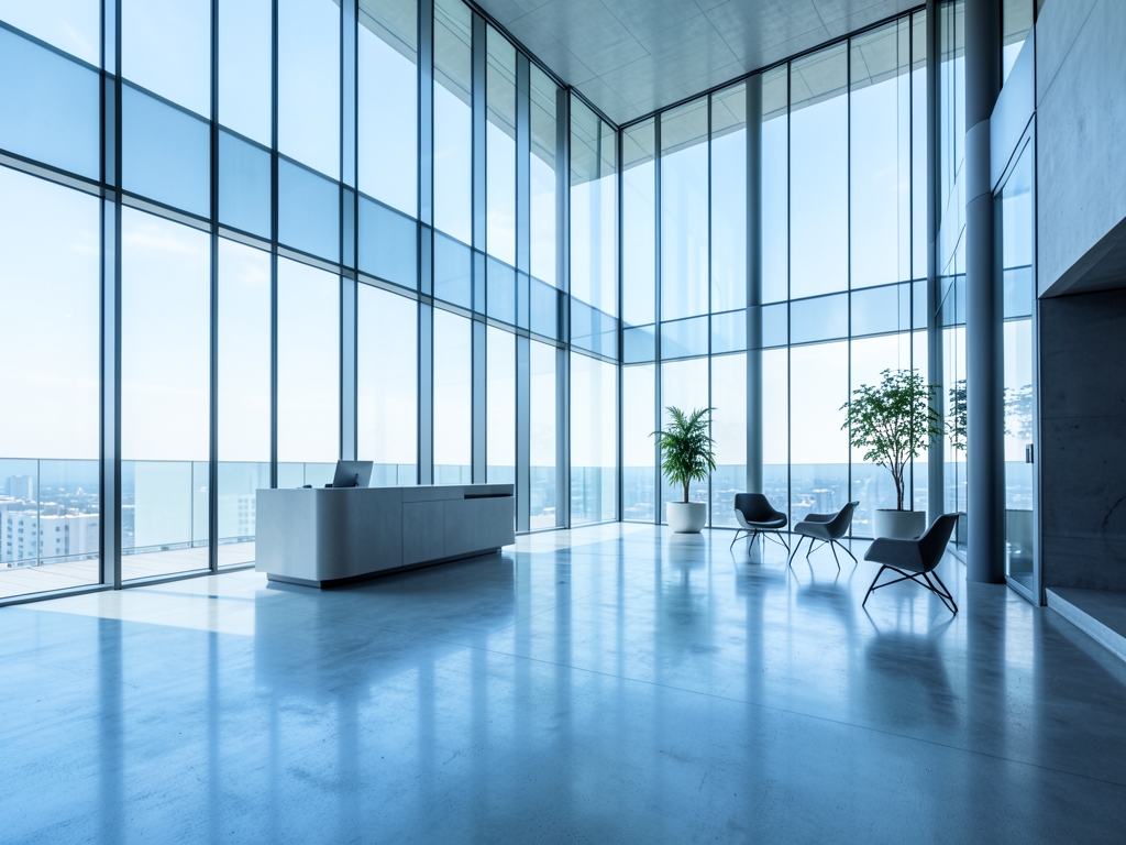 sleek glass walled corporate atrium flooded with cold morning