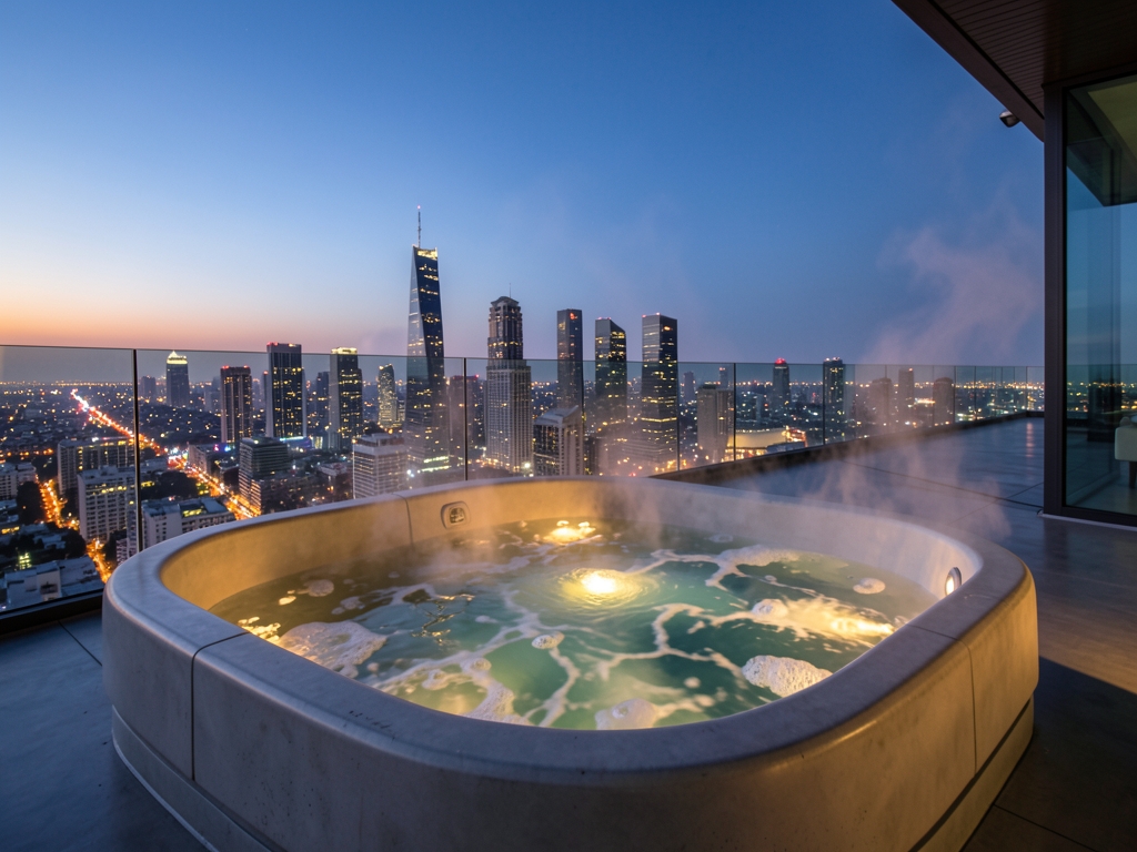 rooftop jacuzzi dusk overlooking glowing city skyline steam