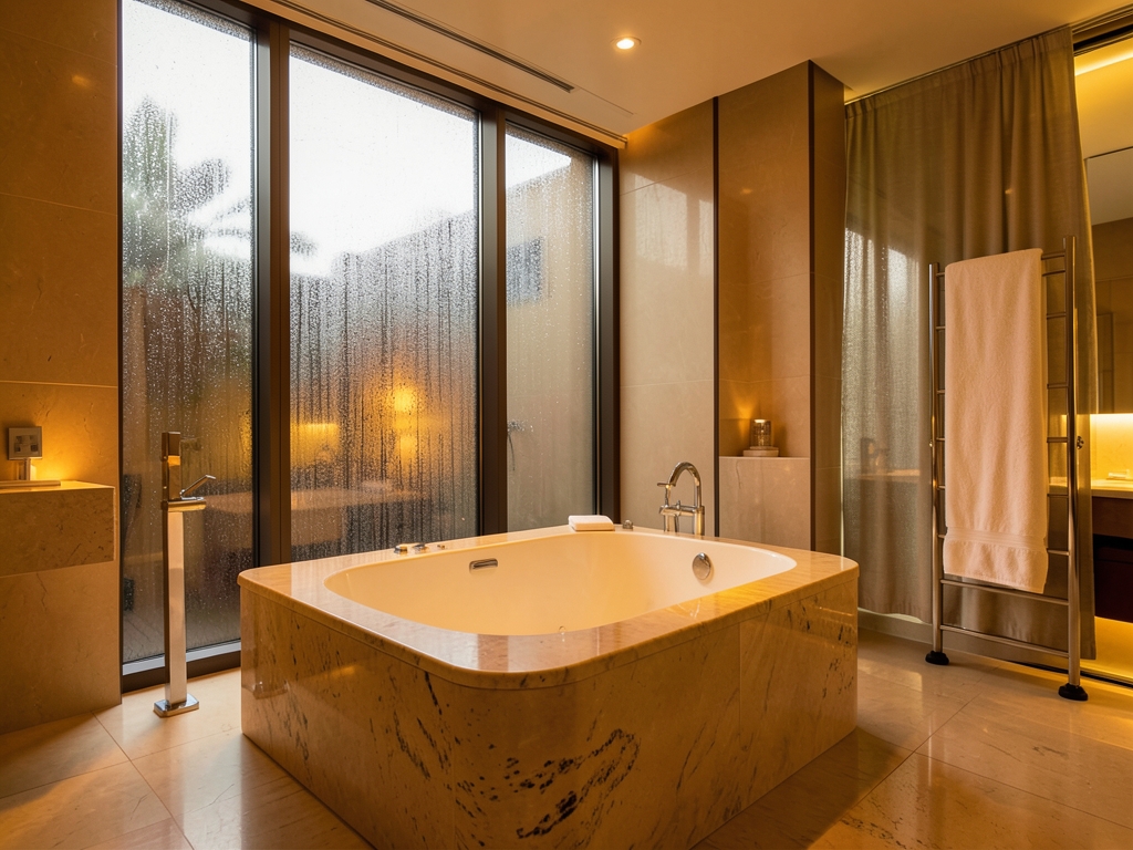 sleek hotel suite with deep soaking carved from