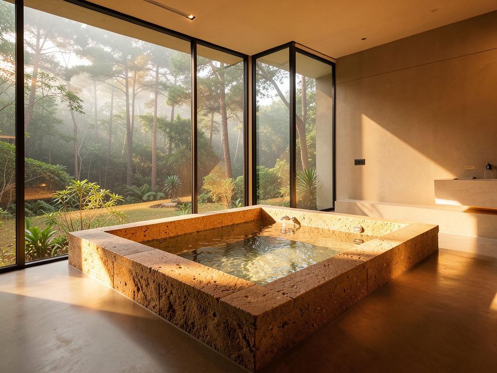 Sun drenched minimalist bathroom with floor to ceiling glass walls overlooking