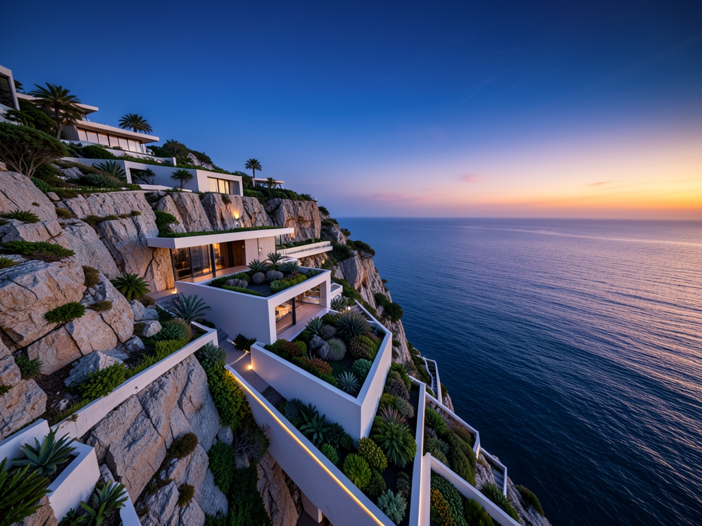Aerial view sleek luxury resort perched cliff edge