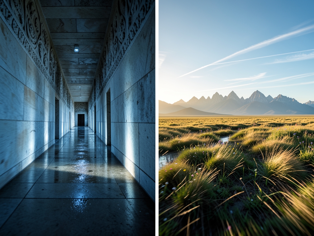 long stone corridor cold morning light rain streaking