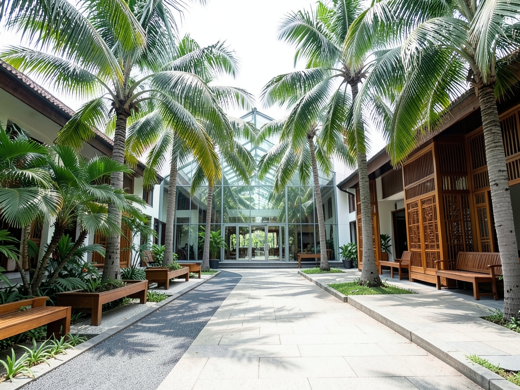 Spacious Jakarta courtyard with tropical palms diverging stone